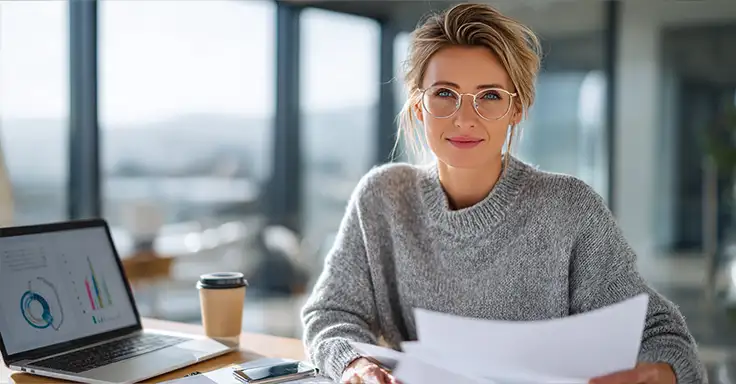 Frau mit Brille arbeitet an Hausverkaufsunterlagen