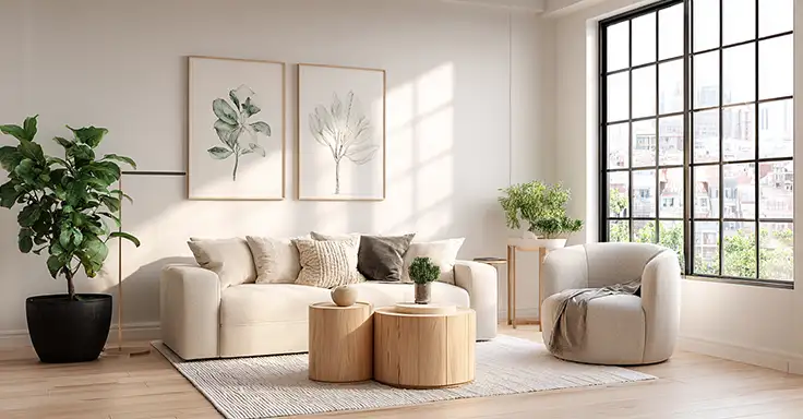 Modernes Wohnzimmer mit Sofa, Sessel und großen Fenstern