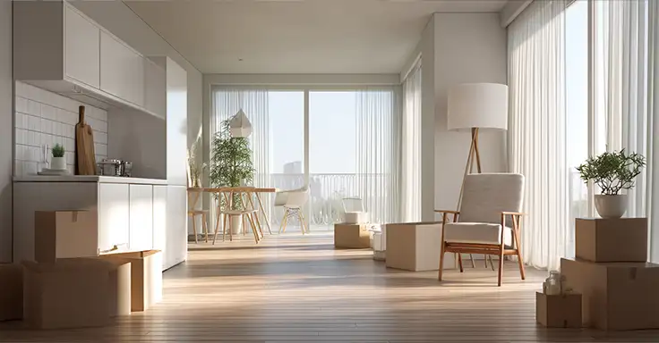 Helle Wohnung mit Umzugskartons und Möbeln