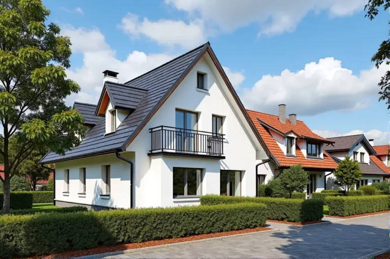 Weißes Einfamilienhaus mit Garten und blauen Dachziegeln