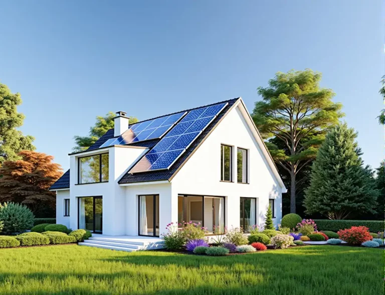 Weißes Haus mit Solarpanelen und Garten