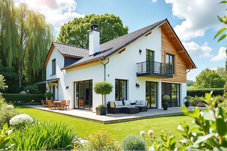 Modernes zweistöckiges Haus mit Garten und Terrasse