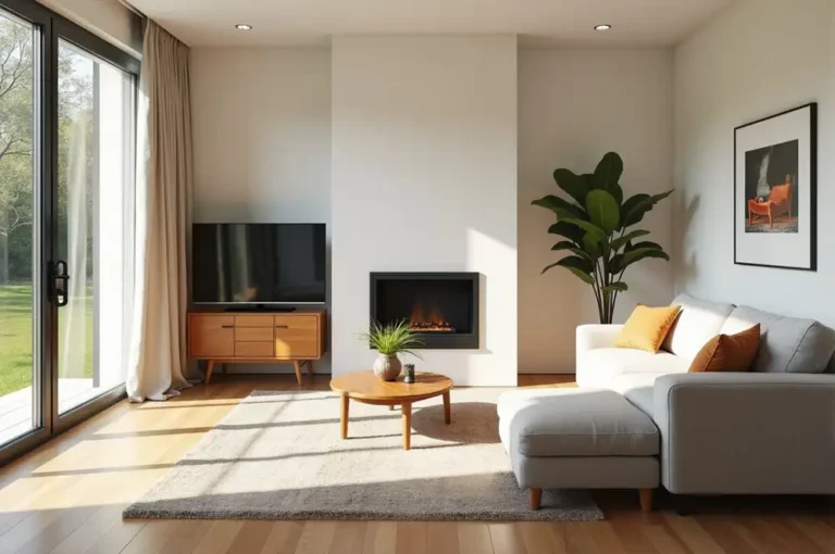 Helles Wohnzimmer mit Kamin, Sofa und großem Fenster